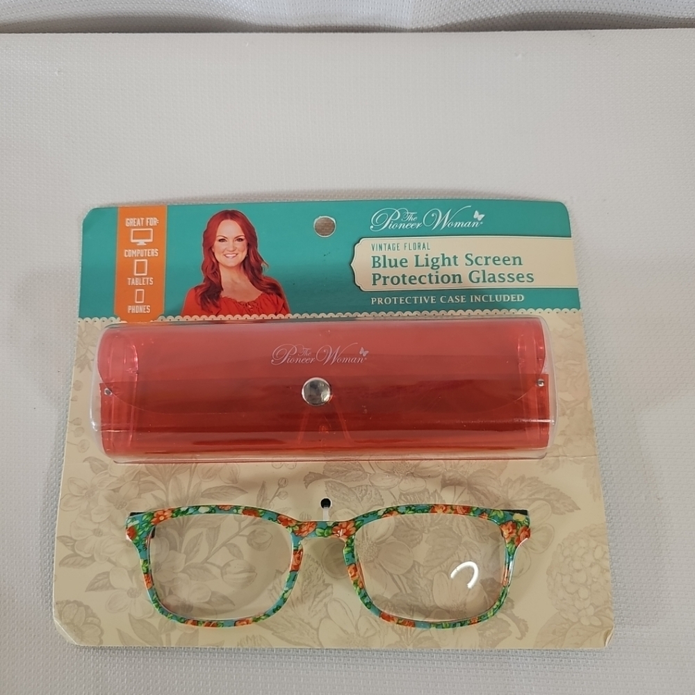 Pioneer Woman Blue Light Glasses with Red Case